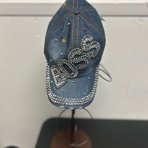 Embellished Denim Cap with Rhinestones